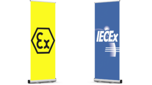 ATEX Ex symbol and IECEx certification banners for hazardous area equipment compliance